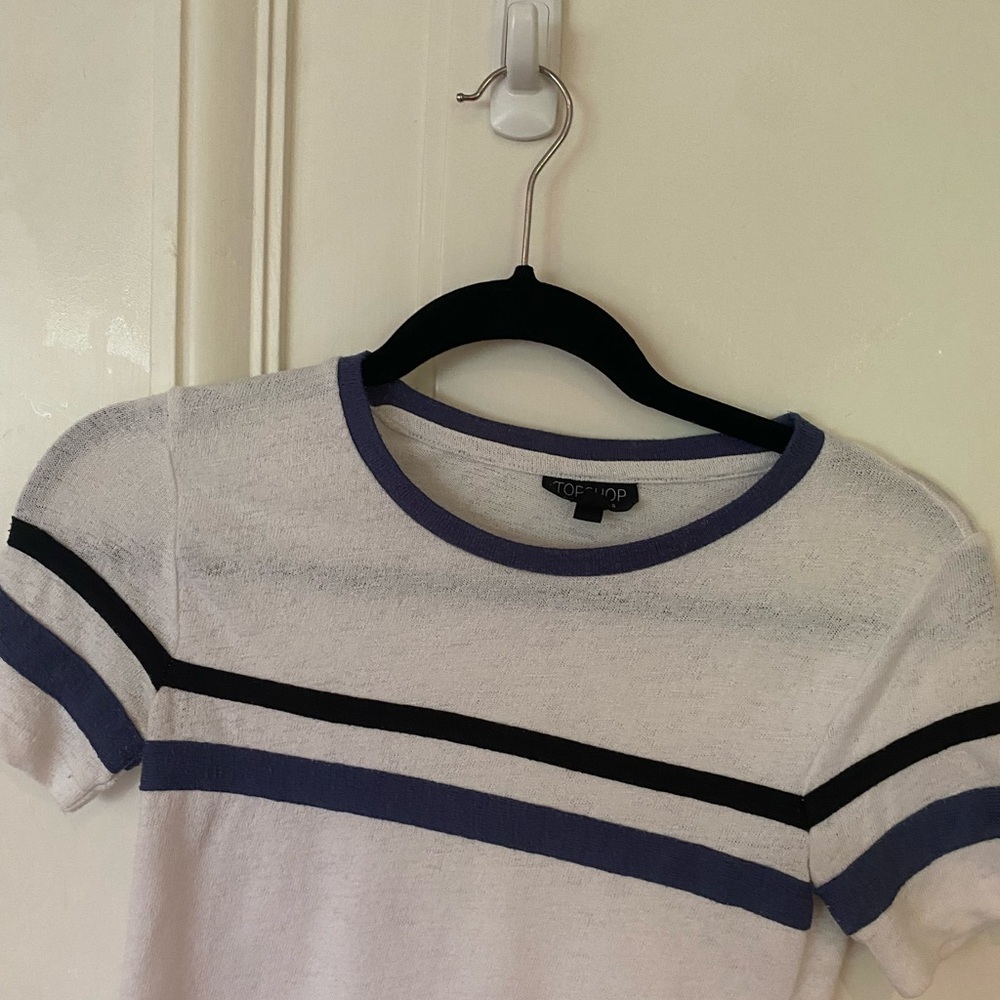 Topshop White Tee Tshirt Blue & Black Stripe Blue Collar White Tshirt Collared - Picture 5 of 8